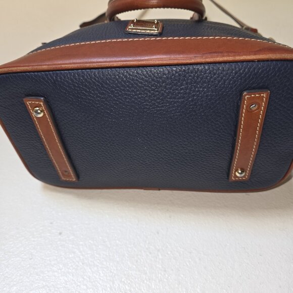 Dooney & Bourke Pebble Grain Darcy Domed Satchel Crossbody Navy Tan Leather - Picture 6 of 16